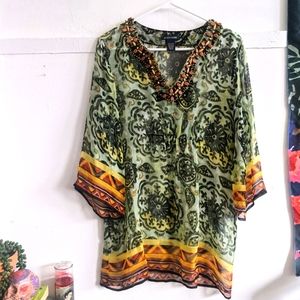 Boston Proper Silk Medallion Wooden Beaded Tunic Top
